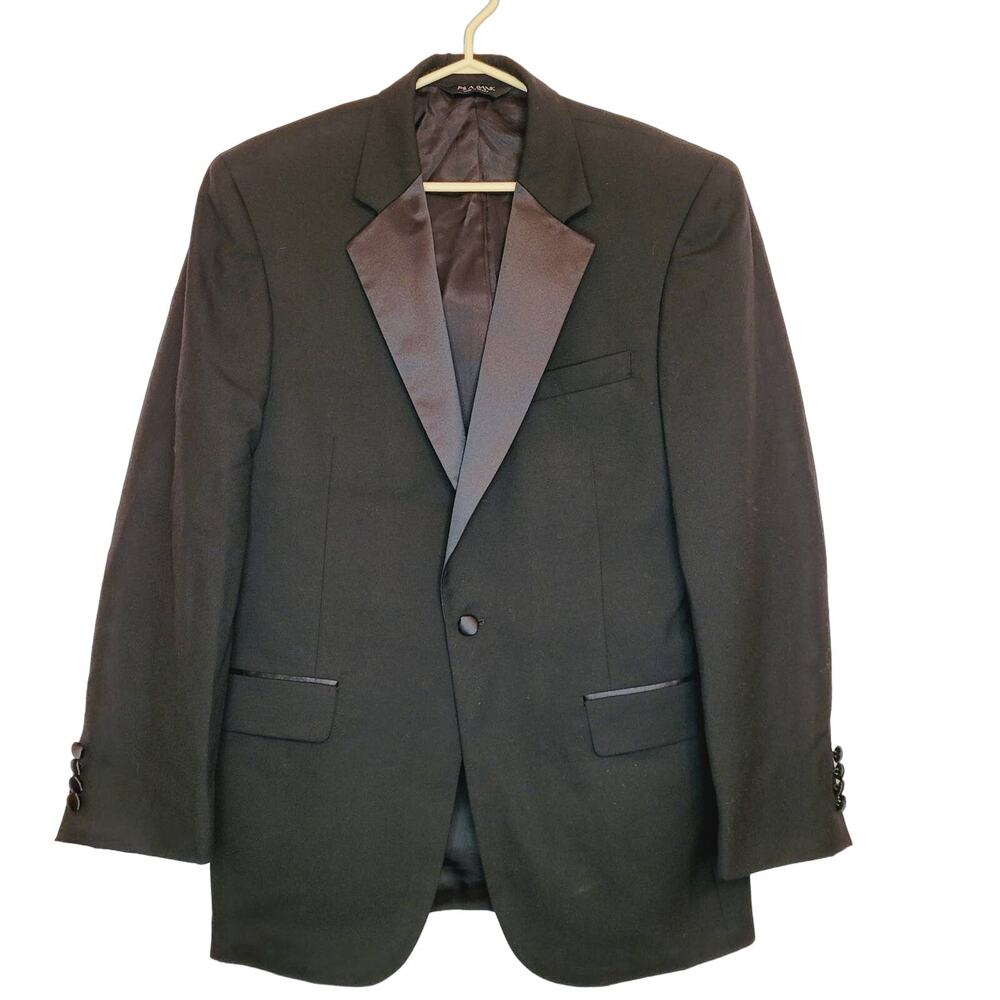 Jos A Bank mens black wool satin lapel one button tuxedo jacket Size 39 Reg